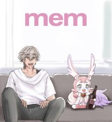  1boy blush_stickers bottle caelus_(honkai:_star_rail) character_name couch dh_t23 english_commentary excited grey_hair hand_rest head_wings highres honkai:_star_rail honkai_(series) looking_ahead medium_hair mem_(honkai:_star_rail) on_couch open_mouth pants shirt sitting smile spread_legs star_(symbol) star_in_eye symbol_in_eye trailblazer_(honkai:_star_rail) wings yellow_eyes 