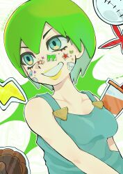  1girl aqua_eyes blue_eyes breasts clock commentary foo_fighters_(jojo) green_eyes green_hair green_lips grin highres jojo_no_kimyou_na_bouken kuzumoti_(twitter) makeup medium_breasts overalls short_hair smile solo star_(symbol) star_sticker sticker sticker_on_face stone_ocean twitter_username untranslatable_commentary upper_body 
