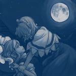  2girls alice_margatroid capelet full_moon hairband hat hat_removed headwear_removed kirisame_marisa long_hair monochrome moon multiple_girls nayahund night open_mouth short_hair touhou witch_hat yuri 