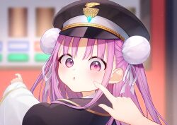  2girls :t aikawa_megumi azamiko black_cape black_hat blunt_bangs blurry blurry_background blush bun_cover cape cheek_poking commentary double_bun downturned_eyes eyes_visible_through_hair female_pov from_behind hair_between_eyes hair_bun hair_ribbon hand_up hat heaven_burns_red highres index_finger_raised kunimi_tama long_hair long_sleeves looking_at_viewer looking_back military_hat multiple_girls open_mouth peaked_cap pink_eyes pink_hair poking pov pov_hands ribbon shirt solo_focus straight_hair tareme upper_body vending_machine white_ribbon white_shirt 