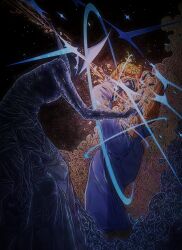  2others arms_up blue_shirt dual_persona facing_another highres long_sleeves m_zeyheri multiple_others object_head reaching reaching_towards_another shirt slay_the_spire the_regent_(slay_the_spire) the_regent_(void_form)_(slay_the_spire) upper_body vignetting 