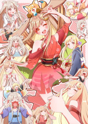  >_o 1girl absurdres ahoge animal_ears apron black_shirt blonde_hair blue_apron blue_kimono bracelet brown_eyes cho_kaguya-hime! clothing_cutout colored_inner_hair commentary_request crescent crescent_hair_ornament crying crying_with_eyes_open egasumi fork hair_ornament highres holding holding_fork inudoge japanese_clothes jewelry kaguya_(cho_kaguya-hime!) kimono long_hair multicolored_hair multiple_views naked_towel one-piece_swimsuit one_eye_closed open_mouth orange_one-piece_swimsuit outline own_hands_together pout rabbit_ears rabbit_girl shirt shoulder_cutout sidelocks star-shaped_pupils star_(symbol) suruga_tou swimsuit symbol-shaped_pupils tears thumbs_up towel twintails white_outline white_shirt 