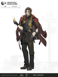  1boy absurdres alternate_costume arknights asymmetrical_clothes belt black_gloves black_pants black_shirt black_shoes brown_hair chinese_commentary commentary_request cup doraneko_(1744546605) drinking_glass full_body gloves highres holding holding_cup holster jacket jacket_on_shoulders jesselton_williams_(arknights) looking_at_viewer multiple_belts necktie pants red_eyes red_jacket red_necktie scar scar_on_face scar_on_nose shirt shoes short_hair single_glove solo standing thigh_holster tie_clip vest waistcoat watch watch wine_glass 