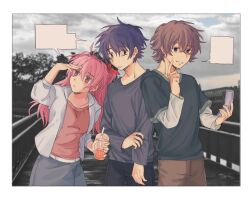  1girl 2boys antenna_hair belt blank_speech_bubble blue_hair bow brown_eyes brown_hair cellphone chaos;head commentary confused denim denim_jacket denim_skirt drink drinking_straw flip_phone green_eyes green_shirt highres jacket kiryu1835473934 long_hair long_sleeves misumi_daisuke multiple_boys nervous_smile nervous_sweating nishijou_takumi one_side_up open_mouth phone photo_background piercing pink_eyes pink_hair pink_top sakihata_rimi salute science_adventure shirt shirt_under_sweater short_hair skirt smile speech_bubble sweat sweater white_belt 
