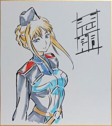  1girl belt blonde_hair blue_eyes border braid breasts choppy_bangs commentary_request crown_braid disembodied_torso facing_to_the_side gloria_louise gold_border hat jacket jinrouki_winvurga large_breasts light_smile long_sidelocks looking_at_viewer marker_(medium) military_hat military_uniform multicolored_jacket parted_lips sidelocks signature simple_background traditional_media tsunashima_shirou 