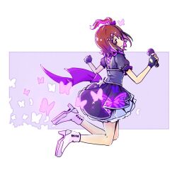  1girl animal_print black_gloves blue_skirt brown_hair bug butterfly butterfly_print commentary dress eyelashes fingerless_gloves flipped_hair frilled_skirt frilled_sleeves frills from_side gloves high_heels highres holding holding_microphone idolmaster idolmaster_million_live! kasuga_mirai kelvin1996c legs_up looking_at_viewer medium_hair microphone orange_eyes pleated_skirt puffy_short_sleeves puffy_sleeves purple_background purple_butterfly purple_dress shoes short_sleeves side_ponytail simple_background skirt smile solo untranslatable_commentary white_background white_butterfly white_shoes 
