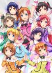  6+girls :d :o aqua_eyes arm_up ayase_eli bare_shoulders black_hair blonde_hair blue_eyes blue_hair brown_eyes brown_hair choker earrings hair_ornament hoshizora_rin jewelry kira-kira_sensation! koizumi_hanayo kousaka_honoka long_hair love_live!_school_idol_project minami_kotori multiple_girls nishikino_maki open_mouth orange_hair ponytail purple_hair red_eyes redhead short_hair smile sonoda_umi thigh-highs toujou_nozomi twintails uehara_yukihiko violet_eyes white_legwear yazawa_nico yellow_eyes 