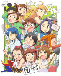  >_< 1boy 6+girls :3 ahoge akizuki_ritsuko amami_haruka antenna_hair bangs_pinned_back blonde_hair blue_hair blue_sweater border braid brown_eyes brown_hair cellphone closed_eyes collared_dress collared_jacket collared_shirt commentary_request dress drill flip_phone futami_ami futami_mami glasses green_background green_eyes green_jacket green_tank_top hagiwara_yukiho hair_bobbles hair_ornament hairband highres holding holding_phone holding_shovel holding_sign holding_stuffed_toy hoshii_miki idolmaster idolmaster_(classic) idolmaster_1 jacket kikuchi_makoto kisaragi_chihaya long_hair minase_iori miura_azusa multiple_girls open_clothes open_jacket open_mouth orange_hair otonashi_kotori outside_border phone pink_hairband ribbed_sweater shirt short_hair shovel side_ponytail sign silhouette sleeveless sleeveless_sweater smile stuffed_animal stuffed_rabbit stuffed_toy sweater takagi_jun'ichirou takatsuki_yayoi tank_top tears tsubobot twin_braids twintails usa-chan_(idolmaster) v-shaped_eyebrows white_border white_dress white_jacket white_shirt yellow_jacket 