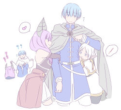  1boy anger_vein arm_hug aura_(sousou_no_frieren) belt capelet cloak commentary_request cropped_legs demon_horns elf frieren girl_sandwich heart highres himmel_(sousou_no_frieren) hood horns long_hair multiple_girls pantyhose pointy_ears sachinyopo sandwiched simple_background skirt smile sousou_no_frieren speech_bubble spoken_heart translation_request twintails white_background white_hair white_skirt 