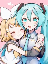  2girls aqua_eyes aqua_hair aqua_nails aqua_necktie arm_warmers black_sailor_collar blonde_hair bow breasts closed_eyes commentary_request grey_shirt hair_ornament hairclip hatsune_miku heart highres holding_hands hug interlocked_fingers kagamine_rin long_hair moku_karen multiple_girls neckerchief necktie number_tattoo open_mouth parallel_hairclips sailor_collar shirt short_hair simple_background sleeveless sleeveless_shirt small_breasts tattoo treble_clef twintails vocaloid white_bow white_shirt yellow_neckerchief yellow_trim 