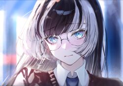  1girl alternate_costume black_hair blue_eyes blue_necktie blunt_bangs blunt_sidelocks blush collared_shirt commentary_request earrings floating_earrings glasses highres hime_cut hololive hololive_dev_is hoop_earrings jewelry juufuutei_raden long_hair looking_at_viewer me_1365 multicolored_hair necktie nose_blush portrait shirt sidelighting sidelocks single_earring solo streaked_hair sweater two-tone_hair virtual_youtuber white_hair 
