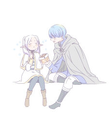  1boy 1girl absurdres belt black_pantyhose boots brown_boots capelet cloak closed_eyes commentary_request elf food frieren full_body gold_trim grey_cloak highres himmel_(sousou_no_frieren) holding invisible_chair long_sleeves pantyhose pointy_ears sachinyopo shirt simple_background sitting skirt sousou_no_frieren striped_clothes striped_shirt twintails white_background white_capelet white_hair white_skirt 