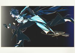  1girl absurdres animal_ears artist_name birthday black_background black_gloves black_hair blue_necktie commentary_request echoo from_below fuji_kiseki_(umamusume) gloves hair_ornament happy_birthday high_heels highres horse_ears horse_girl impressionism necktie pants running short_hair simple_background solo suit umamusume 