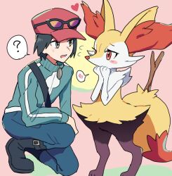 1boy 1other ? black-framed_eyewear black_boots black_hair boots braixen calem_(pokemon) commentary_request eye_contact eyewear_on_headwear flying_sweatdrops furry grey_eyes hat highres jacket kuru_(4rfw7) looking_at_another on_one_knee open_mouth pants pink_background pokemon pokemon_(creature) pokemon_x_and_y red_hat short_hair spoken_blush spoken_question_mark stick strap sunglasses zipper_pull_tab 