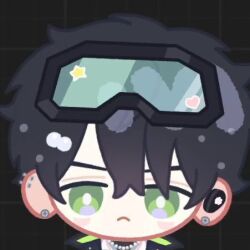  1boy black_coat black_hair chibi chibi_only close-up coat commentary_request dark_background earphones earphones earrings frown goggles goggles_on_head green_eyes green_lining hair_ornament hairclip heart heart_sticker jewelry korean_commentary lowres male_focus necklace pearl_hair_ornament pearl_necklace portrait robjorim robo_frostor screw simple_background skoshism star_(symbol) star_sticker sticker stud_earrings trench_coat virtual_youtuber 