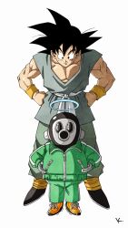  2boys bare_shoulders black_hair black_shoes closed_mouth collarbone commentary_request dougi dragon_ball dragon_ball_z full_body gas_mask green_jacket green_pants halo hands_on_own_hips height_difference highres jacket kakeru_(dbskakeru) looking_at_another male_focus mask mechanical_arms motion_lines multiple_boys muscular muscular_male pants pectorals sash shoes signature son_goku spiky_hair standing straight-on tiptoes toriyama_akira_(character) toriyama_akira_(style) track_jacket white_background white_sash 