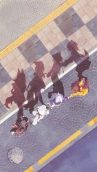  4girls absurdres animal_ears black_hair brown_hair cat_ears cat_girl cat_tail commentary_request concrete crosswalk day dog_ears dog_girl dog_tail fox_ears fox_girl fox_tail from_above highres hololive hololive_gamers hyde_(tabakko) inugami_korone inugami_korone_(1st_costume) manhole_cover multiple_girls nekomata_okayu nekomata_okayu_(1st_costume) ookami_mio ookami_mio_(1st_costume) outdoors perspective purple_hair shadow shirakami_fubuki shirakami_fubuki_(1st_costume) tail urban virtual_youtuber walking white_hair wolf_ears wolf_girl wolf_tail 