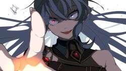  1girl armor blue_eyes commentary crazy_eyes english_commentary gem general_geega grey_hair heterochromia highres leotard long_hair looking_at_viewer pointy_ears ponytail reaching reaching_towards_viewer red_eyes red_gem see-through_clothes see-through_leotard shoulder_armor sidelocks virtual_youtuber vshojo white_background yncs_54 