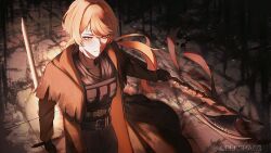 1boy a_certain_sinclair_(project_moon) aged_up arms_at_sides asymmetrical_dual_wielding belt belt_buckle black_belt black_shirt black_smoke blkspac3 blonde_hair brown_coat buckle closed_mouth coat commentary dual_wielding facial_mark forehead_mark greatsword halberd highres holding holding_polearm holding_sword holding_weapon indoors limbus_company load_bearing_vest long_hair looking_to_the_side low-tied_long_hair male_focus open_clothes open_coat polearm project_moon shirt sinclair_(project_moon) solo split_mouth swept_bangs sword trench_coat tsurime turtleneck turtleneck_shirt twitter_username undershirt upper_body weapon yellow_eyes 