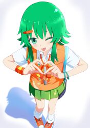  1girl absurdres bow bowtie cellphone commentary_request english_commentary flip_phone green_eyes green_hair green_skirt gumi hair_ornament hairclip heart heart_hands highland highres i_can't_wait_(synthesizer_v) looking_at_viewer loose_socks mixed-language_commentary one_eye_closed orange_bow orange_bowtie orange_vest phone pleated_skirt shadow shirt shoes short_hair_with_long_locks skirt sneakers socks solo standing synthesizer_v tongue tongue_out vest vocaloid white_shirt white_socks 