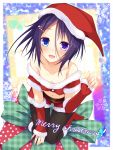  1girl :d bare_shoulders belt black_legwear blue_eyes blush breasts christmas cleavage hair_ornament hairclip hat looking_at_viewer merry_christmas midriff navel open_mouth original pantyhose purple_hair santa_hat smile solo suterii 