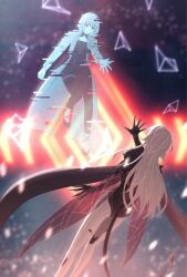  1girl absurdres from_behind grey_hair hand_up highres hologram long_hair pink_wings reaching rubilia_(tower_of_fantasy) short_hair solo solo_focus tail tower_of_fantasy user_pexw4223 wings 