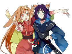  2girls animal_ears black_choker blonde_hair blue_hair blue_hoodie blue_kimono brown_eyes brown_hair cho_kaguya-hime! choker closed_mouth colored_inner_hair commentary crescent crescent_hair_ornament egasumi fox_ears fox_girl green_eyes gyaru_w hair_ornament hand_on_own_hip highres hood hood_down hoodie japanese_clothes kaguya_(cho_kaguya-hime!) kimono long_hair long_sleeves multicolored_hair multiple_girls nightglow_(user_hjnj3734) open_mouth red_kimono sakayori_iroha short_hair short_sleeves simple_background v w white_background 
