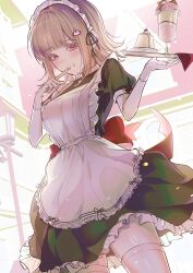  1girl apron black_dress black_ribbon blush breasts brown_hair commentary_request cowboy_shot cream danganronpa_(series) danganronpa_2:_goodbye_despair dress food frilled_apron frilled_dress frills glass hair_ornament hair_ribbon highres holding holding_tray kkochmeli korean_commentary large_breasts looking_at_viewer maid maid_apron maid_headdress medium_hair nanami_chiaki pink_eyes ribbon shiny_clothes shiny_skin solo thigh-highs tray white_apron white_thighhighs 