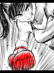  1girl boxing boxing_gloves breasts commentary flying_sweatdrops gloves hatching_(texture) highres lee_(dragon_garou) letterboxed linear_hatching midriff monochrome motion_lines mouth_guard original punching red_gloves small_breasts solo speed_lines spot_color sweat twintails upper_body 