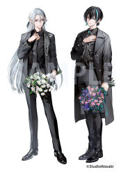  2boys adjusting_clothes adjusting_necktie akuma_shitsuji_to_kuroi_neko alternate_costume aqua_gem aqua_streaks asymmetrical_sidelocks bellen_cliane bellflower belt belt_buckle black_belt black_coat black_hair black_jacket black_necktie black_pants black_ribbon black_shirt black_shoes black_suit blue_eyes blue_flower body_chain bouquet brooch buckle chinese_bellflower closed_mouth coat collared_shirt copyright_notice cross-laced_shoes cuff_links daisy_(flower) double-parted_bangs dress_shoes expressionless eyeliner flower full_body gem green_eyes hair_between_eyes hair_ribbon hand_on_own_chest holding holding_bouquet ishizue_kachiru jacket jewelry lapel_pin lapels long_hair long_sleeves looking_at_viewer makeup male_focus monk_shoes multicolored_hair multiple_boys neck_ribbon necktie notched_lapels official_art open_clothes open_coat open_jacket pants pink_flower pointy_ears purple_flower red_eyeliner ribbon sample_watermark shiro_(akuma_shitsuji_to_kuroi_neko) shirt shoes short_hair side-by-side sidelocks simple_background smile standing streaked_hair suit suit_jacket suit_pants tie_clip very_long_hair watermark white_background white_flower white_hair 