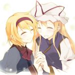  2girls alice_margatroid blonde_hair bow capelet closed_eyes couple faech hairband happy hat hat_ribbon holding_hands interlocked_fingers long_hair mob_cap multiple_girls ribbon see-through short_hair simple_background smile snowing tabard teeth touhou white_background yakumo_yukari yuri 