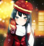  1girl bangs black_eyes black_hair blurry depth_of_field hand_on_own_cheek hand_on_own_face hat light_smile long_hair looking_at_viewer lp_(hamasa00) mittens original scarf smile snowing solo tsurime 