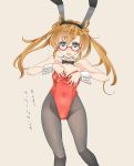  1girl abukuma_(kantai_collection) ajino_(sakanahen) animal_ears bespectacled black_legwear blue_eyes blush bowtie bunnysuit covered_navel detached_collar double_bun fake_animal_ears flat_chest flying_sweatdrops glasses hairband kantai_collection long_hair open_mouth orange_hair pantyhose rabbit_ears red-framed_glasses solo sweatdrop translation_request twintails wrist_cuffs 