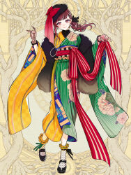  1girl \n/ ankle_ribbon bead_necklace beads beret black_hat black_ribbon black_shirt black_shoes bow brown_hair checkered_clothes checkered_kimono closed_mouth clothes_lift dairoku_ryouhei earrings feather_boa floral_print floral_print_kimono frilled_socks frills full_body gloves green_kimono hair_ribbon hands_up hat hat_bow japanese_clothes jewelry kimono lace lace_gloves leg_ribbon long_hair long_sleeves looking_at_viewer low_side_ponytail mary_janes morino_bambi multicolored_hair multicolored_kimono necklace obi pinstripe_kimono pinstripe_pattern polka_dot polka_dot_socks print_kimono red_bow red_eyes red_sash red_streaks ribbon sash see-through_clothes see-through_socks shirt shirt_under_kimono shoes side_ponytail single_sidelock smile socks solo sphere_earrings standing standing_on_one_leg streaked_hair swept_bangs taishou tilted_headwear two-sided_fabric wide_sleeves yellow_background yellow_kimono yellow_socks 