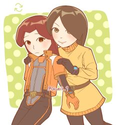  2girls artist_name behind_another belt belt_buckle black_gloves blush bodysuit brown_belt brown_eyes brown_hair buckle closed_mouth commentary cosplay costume_switch dress gloves grey_bodysuit hair_behind_ear hands_on_another's_shoulders highres jacket jumpsuit light_blush long_hair long_sleeves looking_at_viewer mii_(nintendo) mii_gunner mii_gunner_(smash_4) mii_gunner_(smash_ultimate) miifighterss2 multiple_girls nintendo open_clothes open_jacket orange_gloves orange_jacket outside_border polka_dot polka_dot_background red_hair skirt smile super_smash_bros. sweater teacher_and_student twitter_username untranslatable_commentary yellow_dress yellow_sweater 