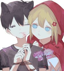  2boys animal_ears antenna_hair basil_(faraway)_(omori) basil_(omori) black_eyes black_hair black_shirt blonde_hair blood blood_on_face blue_eyes closed_mouth commentary double-parted_bangs english_text flower hair_between_eyes hair_flower hair_ornament halloween_costume highres little_red_riding_hood_(fairy_tale) looking_at_another male_focus multiple_boys omori one_eye_closed open_mouth shirt short_hair short_sleeves sidelocks simple_background sunny_(omori) t-shirt ttyyuwwuw white_background wolf_ears 