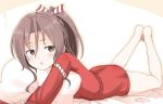  1girl alternate_costume barefoot brown_eyes brown_hair engiyoshi hachimaki headband japanese_clothes kantai_collection long_hair lying on_stomach pillow ponytail solo zuihou_(kantai_collection) 