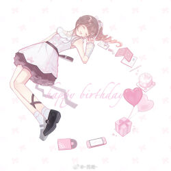  1girl ^_^ arm_warmers back_ribbon balloon bare_shoulders birthday_cake black_shoes blunt_bangs book bow bow_background brown_hair brown_ribbon cake candle cd cd_case chinese_commentary choker closed_eyes colored_petticoat commentary_request dress drill_hair english_text eyelashes food frilled_dress frilled_socks frills full_body hair_bow hair_spread_out happy_birthday heart_balloon high_ponytail if_happiness_is_a_circle_(meme) jewelry lace lace_choker leg_ribbon long_hair lying mary_janes meme miqing name_tag nintendo_switch on_back open_book open_mouth original pen pendant petticoat ponytail ribbon see-through_bow shoes short_dress sleeveless sleeveless_dress smile socks solo striped_bow teeth upper_teeth_only watermark weibo_watermark white_arm_warmers white_background white_bow white_choker white_dress white_socks 