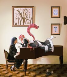  2girls absurdres animal_ears black_dress blue_hair braid breasts chair chattino_(raora_panthera) dress gloves grand_piano hair_ribbon highres hololive hololive_english indoors instrument kronie_(ouro_kronii) large_breasts long_hair lying mairu_(myru263) multicolored_hair multiple_girls music on_chair on_piano on_stomach ouro_kronii ouro_kronii_(maid) painting_(object) panther_ears panther_girl panther_tail pantyhose piano pink_hair playing_instrument playing_piano raora_panthera raora_panthera_(maid) ribbon shoes sitting streaked_hair tail unworn_shoes virtual_youtuber white_gloves white_pantyhose white_ribbon white_streaks yellow_eyes 