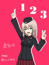  1girl artist_name black_hat black_jacket blue_eyes commentary dress_shirt drop_shadow garrison_cap girls_und_panzer grey_hair hat highres index_finger_raised insignia itsumi_erika jacket kuromorimine_military_uniform long_sleeves looking_at_viewer medium_hair military_hat military_uniform number_pun open_mouth pink_background pleated_skirt red_shirt red_skirt s_l_c_dive shirt signature skirt smile solo standing translated twitter_username v wing_collar 