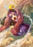  1girl bowl clouds fighting_stance hat highres japanese_clothes kimono mallet needle obi open_mouth purple_hair sash shining_needle_castle shope short_hair sky solo sukuna_shinmyoumaru touhou upside-down violet_eyes 