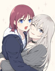  2girls black_choker black_jacket blue_eyes blush cheek-to-cheek choker clgr0zlt82 commentary_request girls_band_cry grey_eyes grey_hair grey_sweater heads_together highres iseri_nina jacket kawaragi_momoka long_hair multicolored_hair multiple_girls open_mouth parted_lips red_hair ribbed_sweater roots_(hair) shirt short_twintails simple_background smile sparkle sweater twintails white_shirt yellow_background yuri 