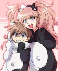  1boy 1girl animal_costume bear_costume blue_eyes blush brown_hair dangan_ronpa dangan_ronpa_1 enoshima_junko green_eyes hanjuku_tomato long_hair monokuma monokuma_(cosplay) naegi_makoto pink_hair smile spoilers twintails v 