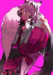  1boy above-cleavage_cutout animal_ear_piercing animal_ears backlighting black_hair black_kimono clothing_cutout collarbone colored_extremities colored_tips commentary_request cowboy_shot dark_persona dog_boy dog_ears ear_covers earrings evil_grin evil_smile eyeshadow fate/grand_order fate_(series) flower_knot fur_scarf gradient_clothes gradient_kimono grey_kimono grin hair_between_eyes hanasaka_no_okina_(fate) head_tilt highres japanese_clothes jewelry kimono long_hair_between_eyes long_sleeves looking_at_viewer magatama makeup male_focus mole mole_under_eye multicolored_hair multiple_moles neck_tassel pink_background pink_sash red_eyeshadow red_hands sash shirt shoulder_sash simple_background smile solo standing tassel tassel_earrings violet_eyes white_hair white_shirt wide_sleeves wolf_cut yuritoame 