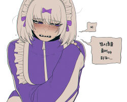  1girl apron bow breasts commentary_request embarrassed grey_hair hair_bow highres jersey_maid kira_(project_moon) korean_commentary korean_text limbus_company long_sleeves maid maid_apron maid_headdress misg1111 project_moon purple_bow sharp_teeth solo speech_bubble teeth translation_request unconventional_maid violet_eyes zipper_pull_tab 