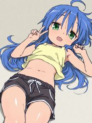    1girl ahoge armpits arms_up bare_shoulders blue_hair commentary_request flat_chest green_eyes highres hues_sunk izumi_konata loli long_hair looking_at_viewer lucky_star lying mole mole_under_eye navel on_back open_mouth shirt shoes shorts simple_background smile sneakers solo stomach thighs v 