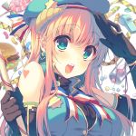  1girl :o aqua_eyes black_gloves blonde_hair blush bust candy crayon elbow_gloves food gloves hamburger hat heart heart_tattoo hourglass lollipop long_hair looking_at_viewer original reia salute solo whistle 