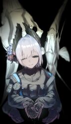  1girl absurdres animal arknights black_eyes black_gloves black_jacket blue_flower bulletproof_vest closed_mouth commentary dark-skinned_female dark_skin fish fish_request flower gloves hair_flower hair_ornament highres holding holding_animal horns jacket one_eye_closed raidian_(arknights) red_flower sasa_fune short_hair smile solo white_hair 