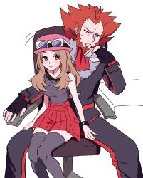  1boy 1girl ascot beard black_gloves chair closed_mouth collared_shirt commentary_request eyewear_on_headwear facial_hair fingerless_gloves gloves grey_shirt hand_up hat highres jacket knees kuru_(4rfw7) lysandre_(pokemon) office_chair orange_hair pants pink_hat pleated_skirt pokemon pokemon_x_and_y red_skirt serena_(pokemon) shirt sitting skirt smile sunglasses swivel_chair thigh-highs white-framed_eyewear white_background 