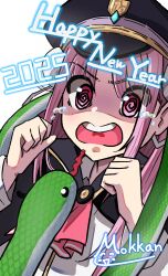  1girl 2025 @_@ absurdres ascot black_cape black_hat bun_cover cape chinese_zodiac clenched_hands commentary dated double_bun dutch_angle eyes_visible_through_hair forked_tongue hair_bun hands_up happy_new_year hat heaven_burns_red highres kunimi_tama long_hair looking_at_animal military_hat mok_kan open_mouth parted_bangs peaked_cap pink_hair red_ascot scared shaded_face shirt sidelocks signature simple_background snake solo tearing_up teeth tongue tongue_out upper_body upper_teeth_only v-shaped_eyebrows white_background white_shirt year_of_the_snake 
